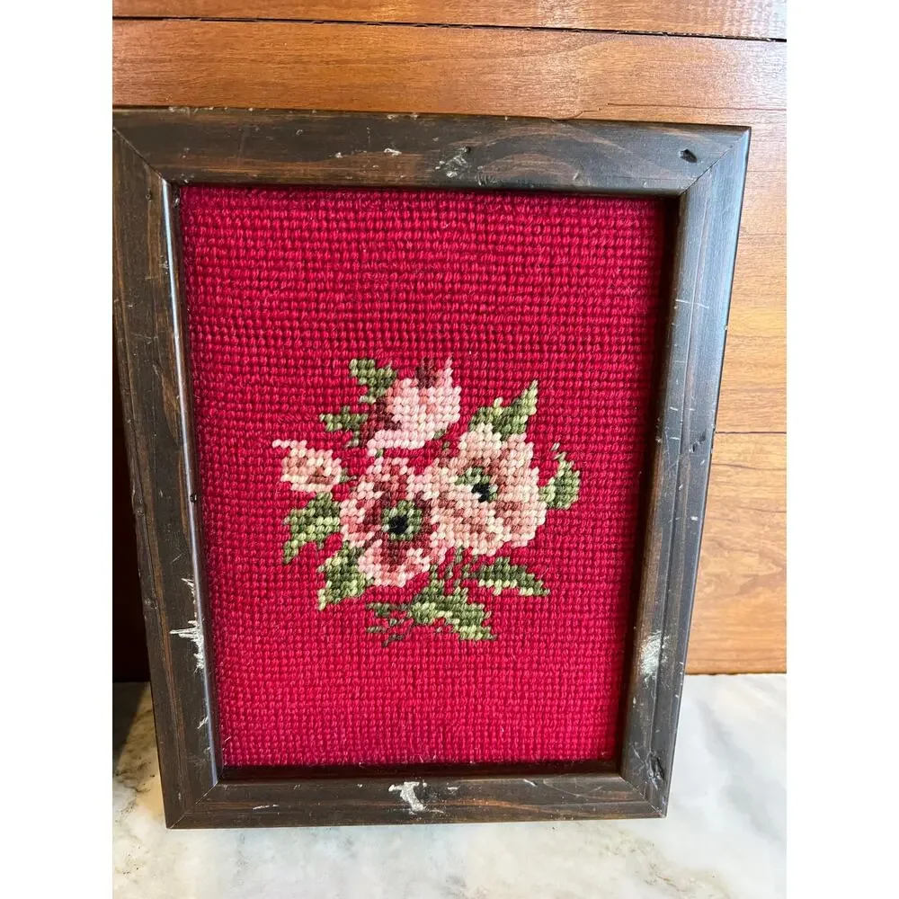 Pair of Vintage framed Finished needlepoint pieces Floral